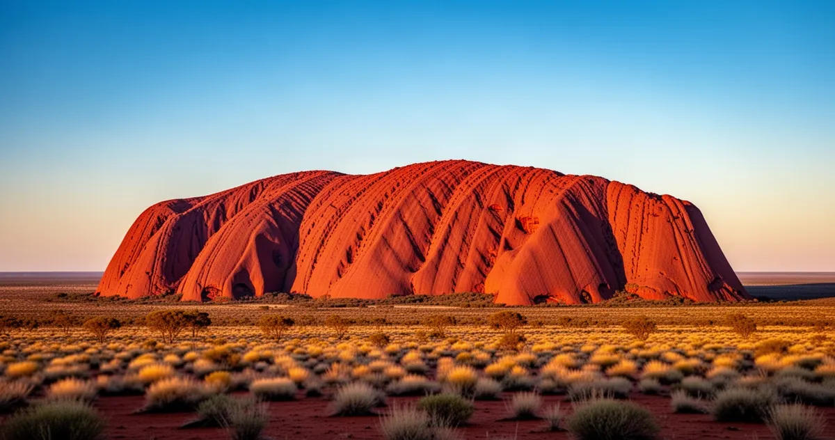 Majestatyczna czerwona formacja skalna Uluru na tle rozległego, pustynnego krajobrazu Australii w świetle zachodzącego słońca