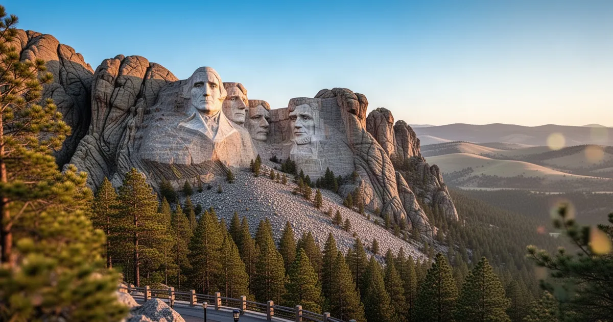 Rzeźby głów prezydentów w Mount Rushmore na tle błękitnego nieba oraz otaczające je wzgórza Black Hills w promieniach słońca.