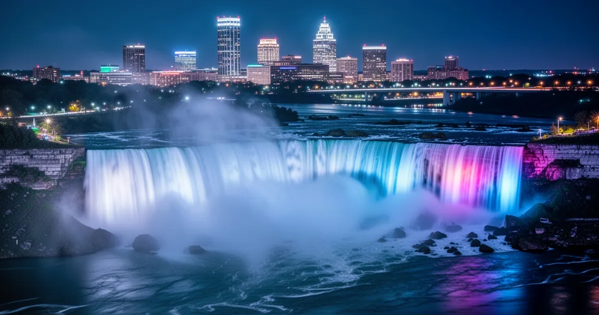 Wodospad Niagara nocą w kolorowej iluminacji z unoszącą się mgłą i zarysem oświetlonego miasta w tle.
