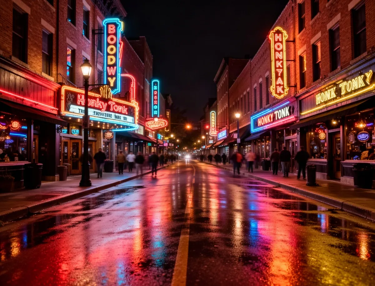 Broadway w Nashville nocą z kolorowymi neonami