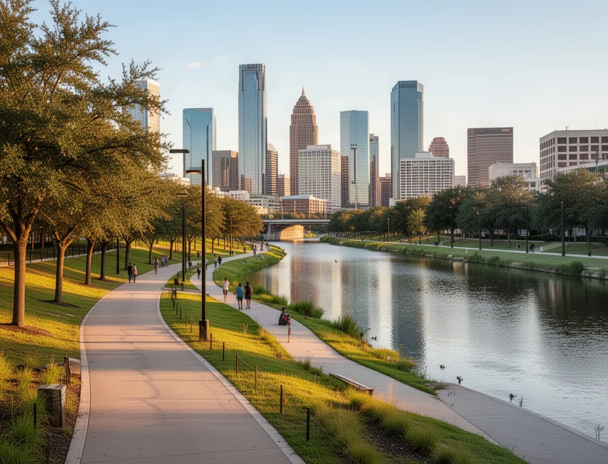 Buffalo Bayou Park z widokiem na panoramę centrum