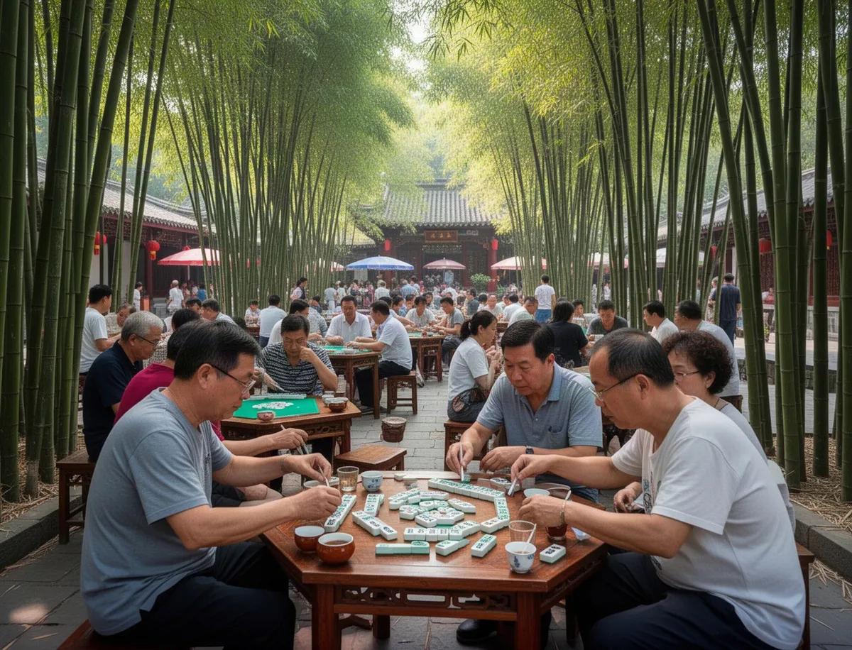 Park Ludowy w Chengdu z mieszkańcami pijącymi herbatę