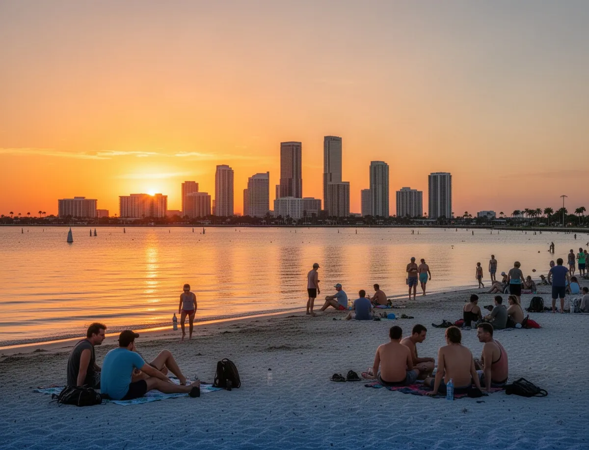 Ben T. Davis Beach o zachodzie słońca z panoramą Tampy w tle