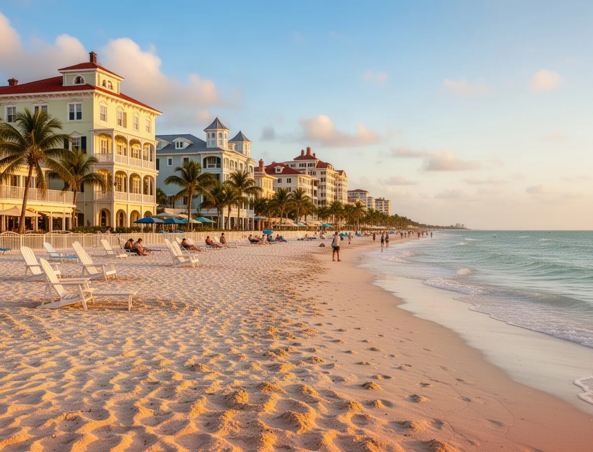 Plaża St. Pete Beach z leżakami i klasyczną zabudową