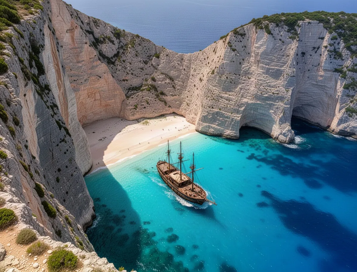 Navagio Beach z wrakiem i klifami
