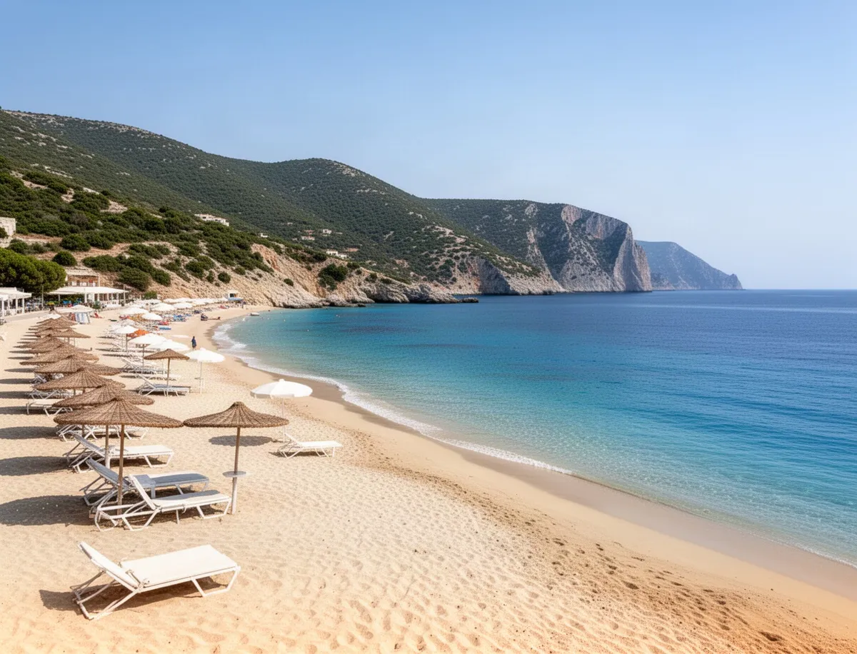 Banana Beach z leżakami i parasolami