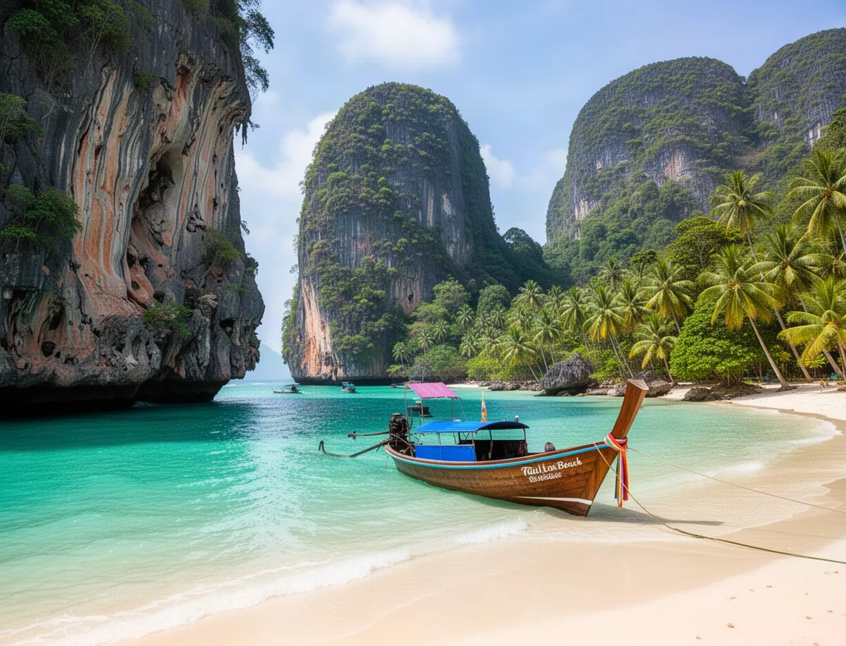 Plaża Railay w Krabi z klifami i łodzią