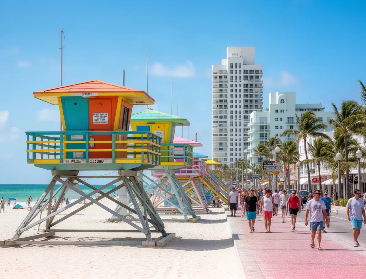 South Beach w Miami z charakterystycznymi wieżami ratowników i architekturą art deco