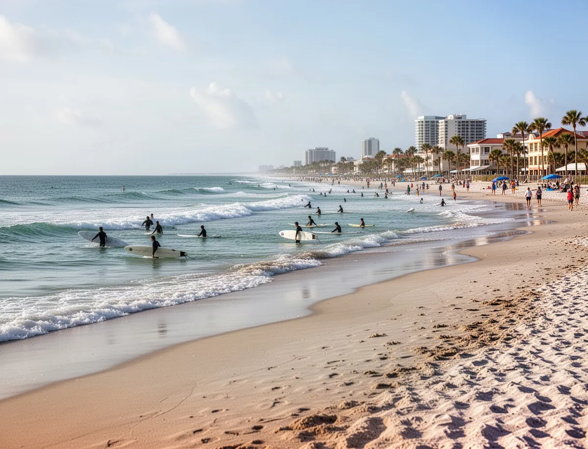 Cocoa Beach z surferami i szeroką piaszczystą plażą