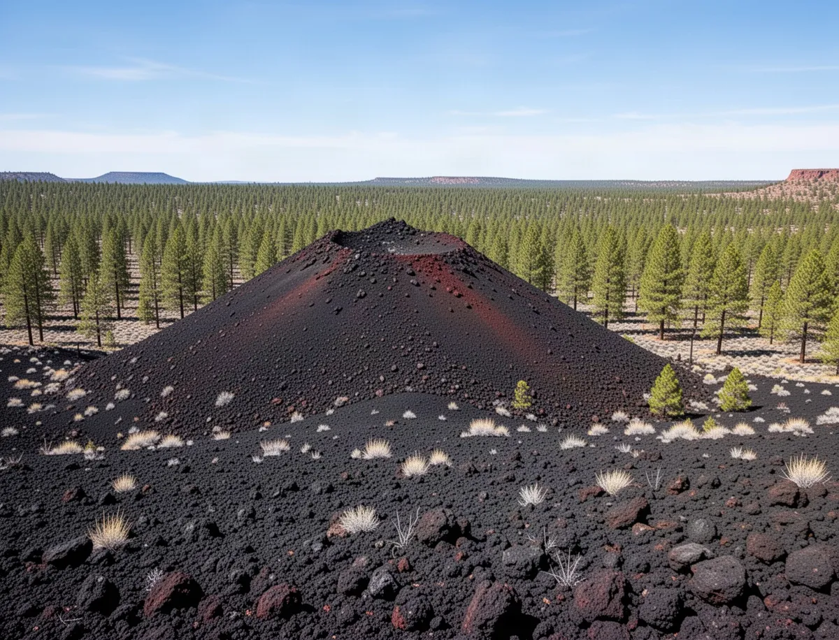 Stożek wulkaniczny Sunset Crater z polami lawy