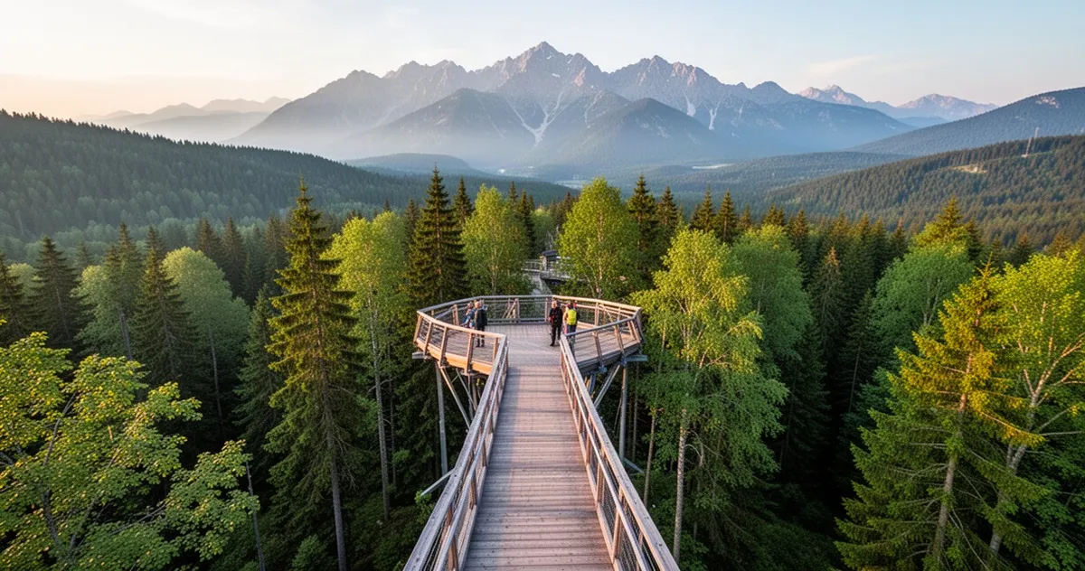 Drewniana ścieżka w koronach drzew Bachledka z widokiem na Tatry