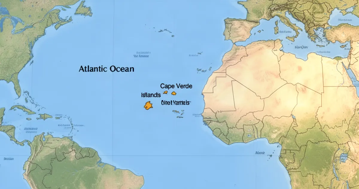 Mapa Oceanu Atlantyckiego z zaznaczonymi Wyspami Zielonego Przylądka