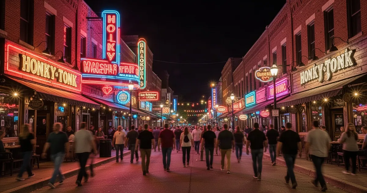 Broadway w Nashville nocą z neonami i barami