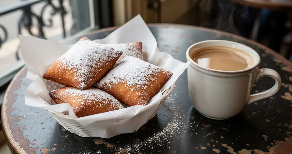 Świeże beignets posypane cukrem pudrem z filiżanką café au lait