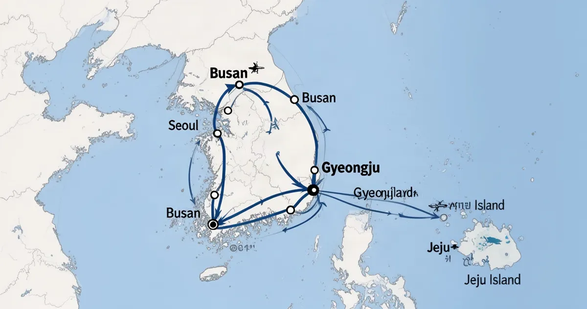 Mapa trasy po Korei Południowej z zaznaczonymi głównymi miastami