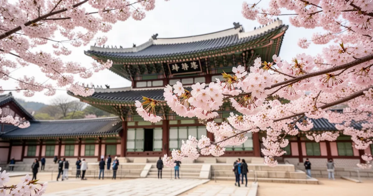 Pałac Gyeongbokgung w Seulu otoczony kwitnącymi wiśniami