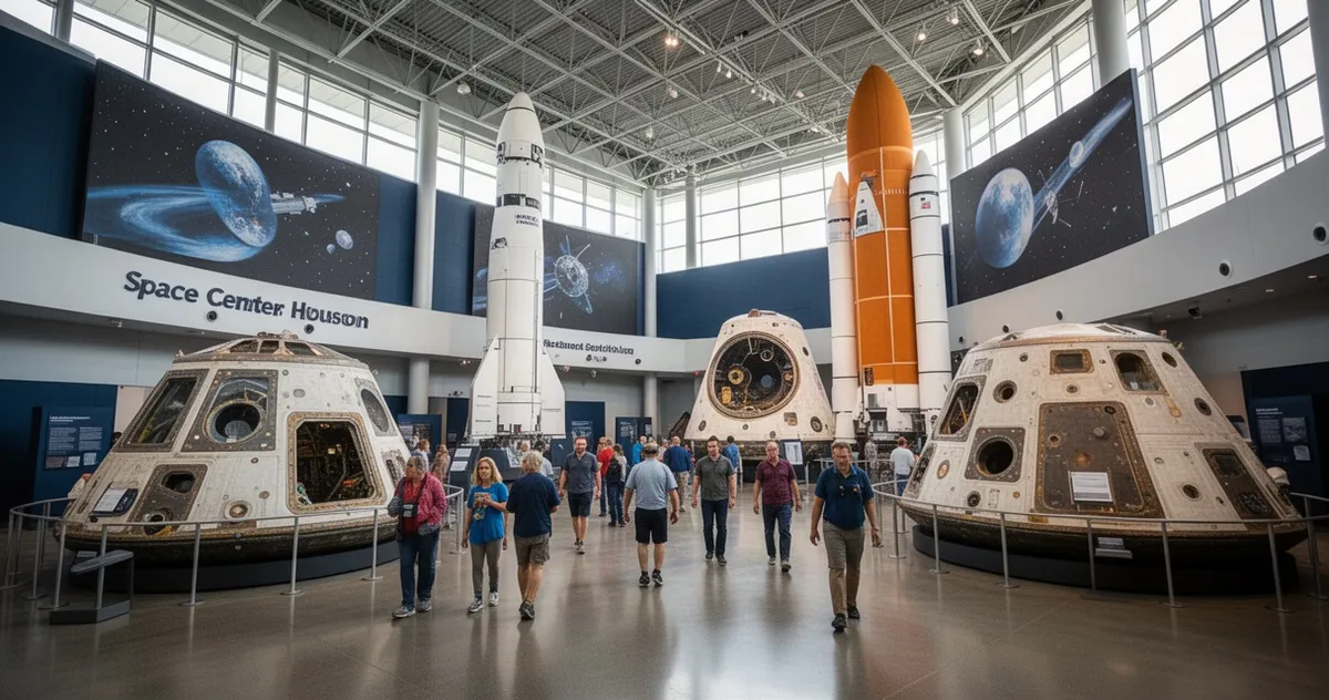 Wnętrze Space Center Houston z rakietami i turystami