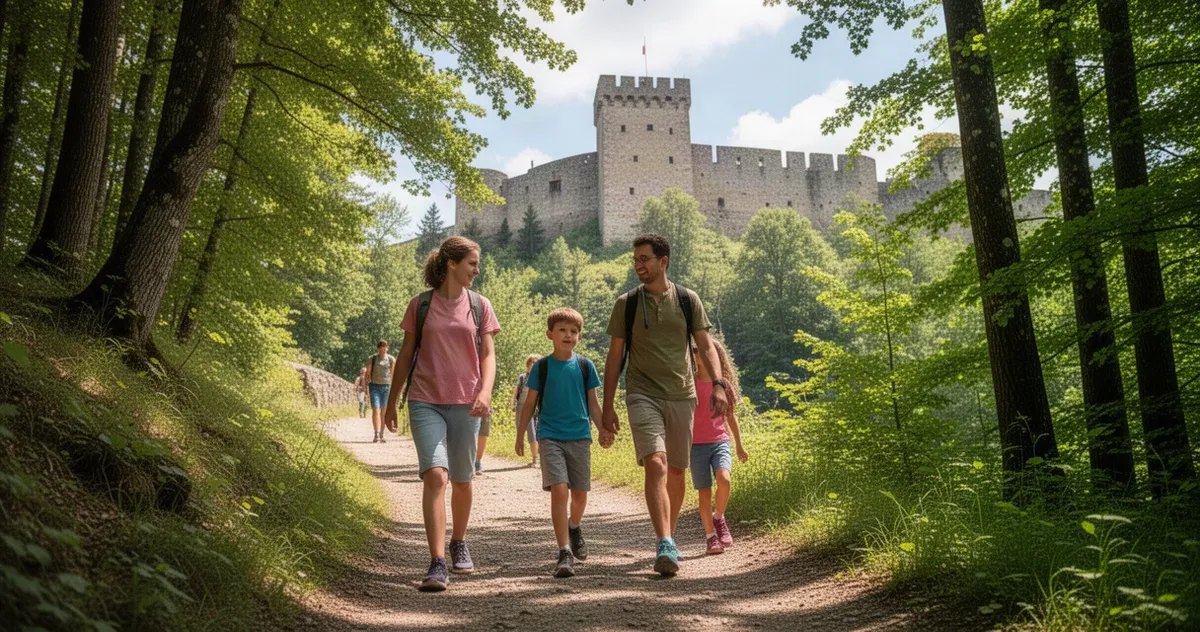 Rodzina z dziećmi idąca pod górę w stronę Twierdzy Srebrna Góra
