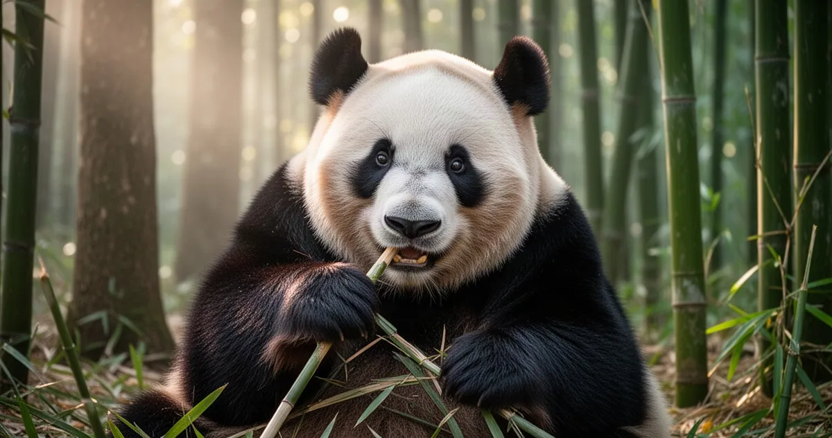 Panda wielka jedząca bambus na wybiegu