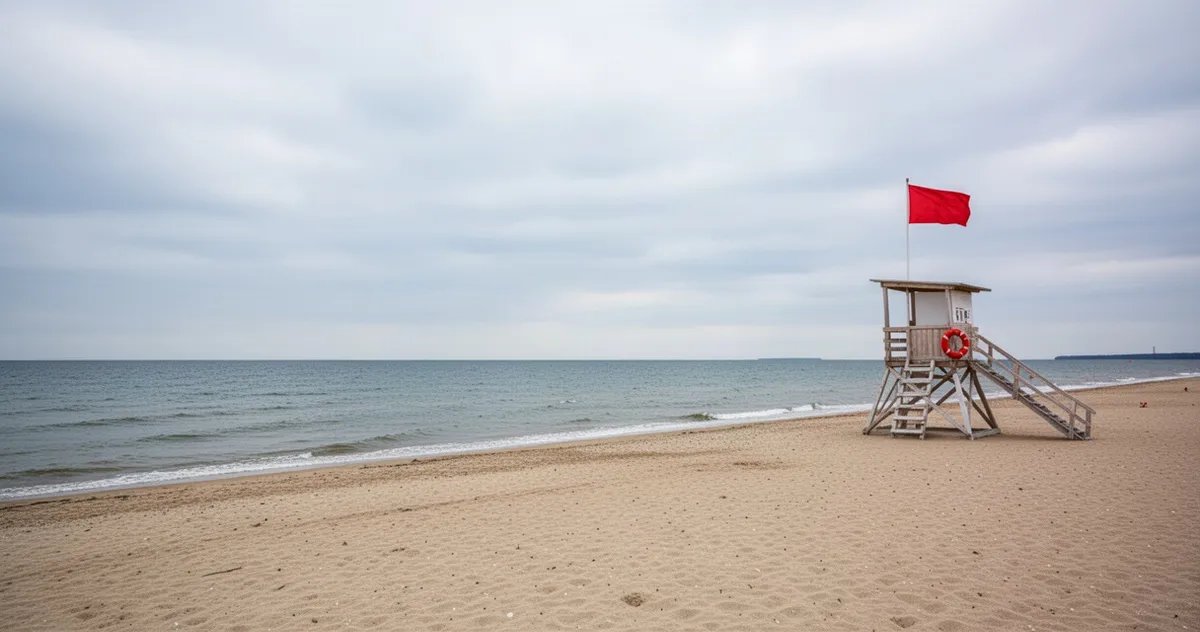Pusta plaża nad Bałtykiem z czerwoną flagą na stanowisku ratowników
