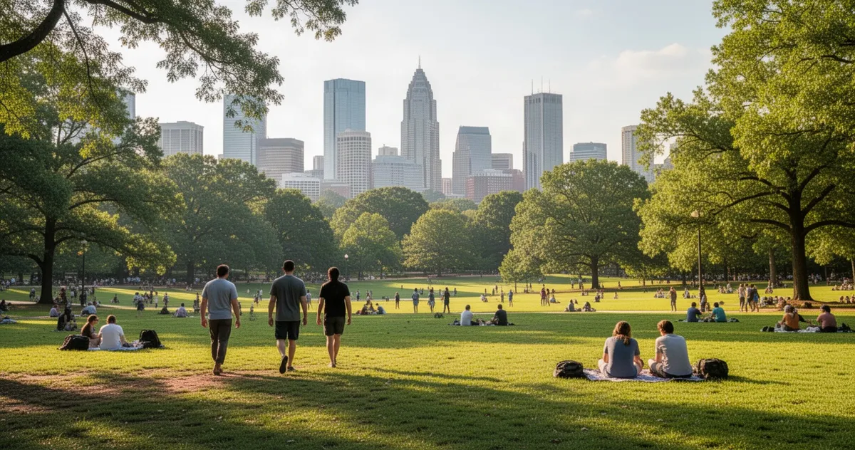 Ludzie w Piedmont Park z widokiem na miasto