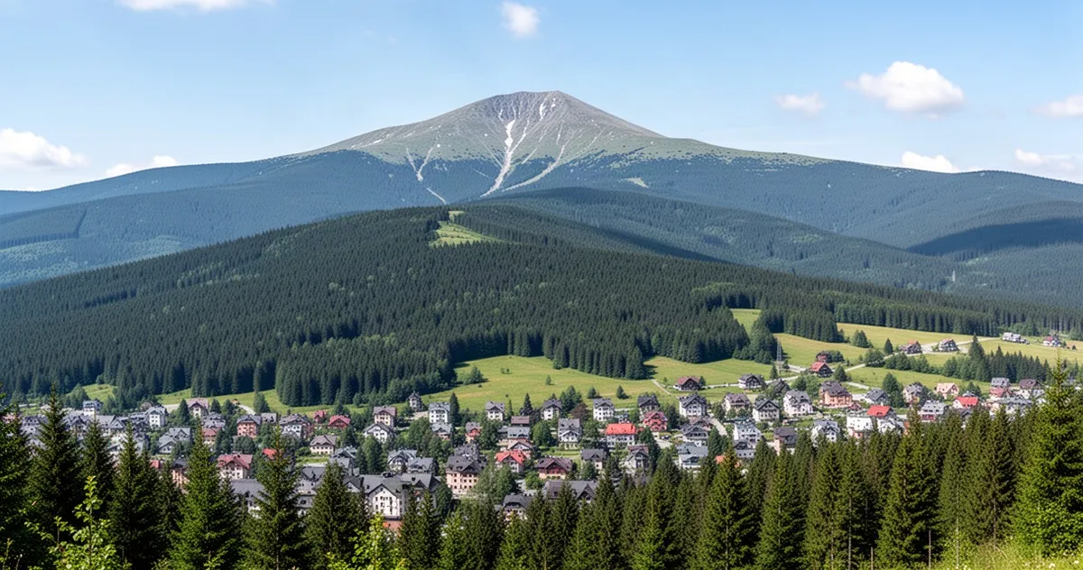Panorama Karkonoszy widziana z Karpacza, z widoczną Śnieżką