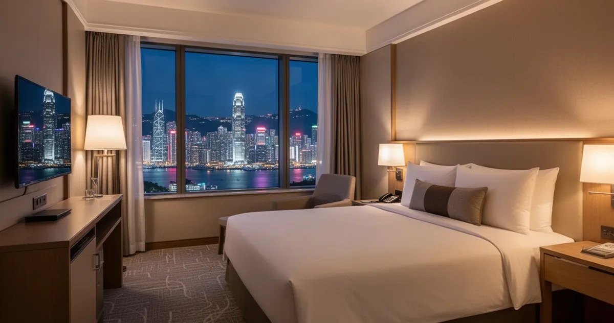 Pokój hotelowy z widokiem na panoramę Hongkongu