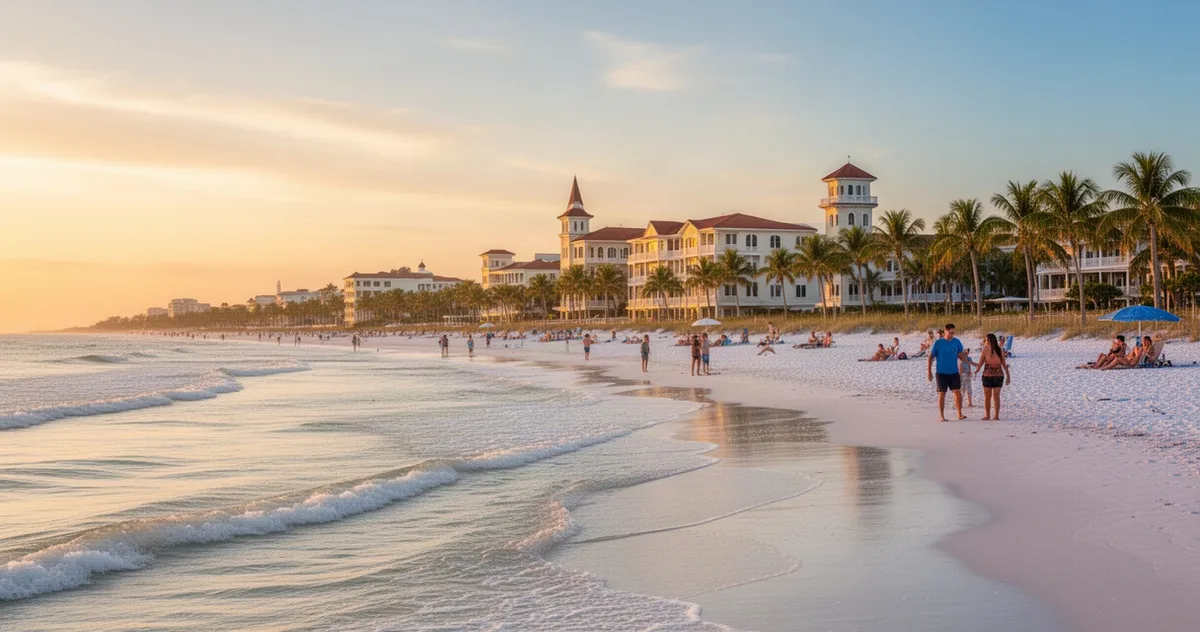 St. Pete Beach w złotej godzinie z historyczną zabudową Pass-a-Grille w tle
