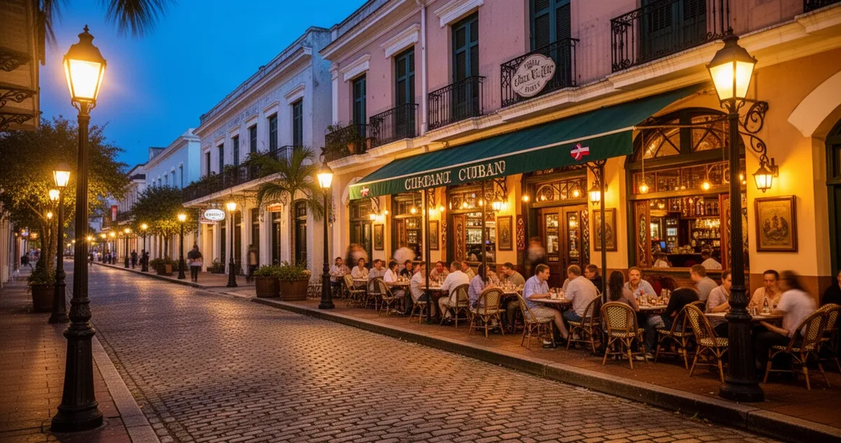 Ybor City wieczorem z restauracjami i brukowanymi uliczkami