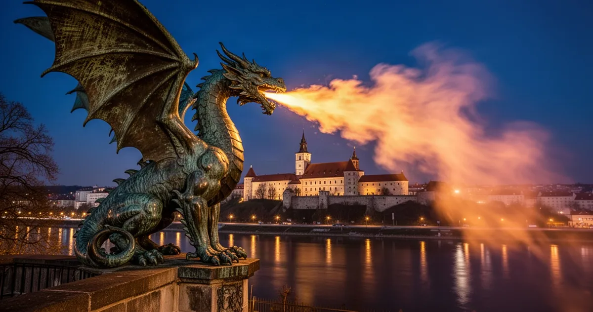 Smok Wawelski ziejący ogniem w nocy na tle zamku wawelskiego