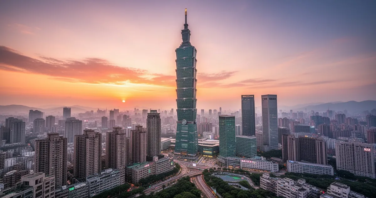 Wieżowiec Taipei 101 o zachodzie słońca