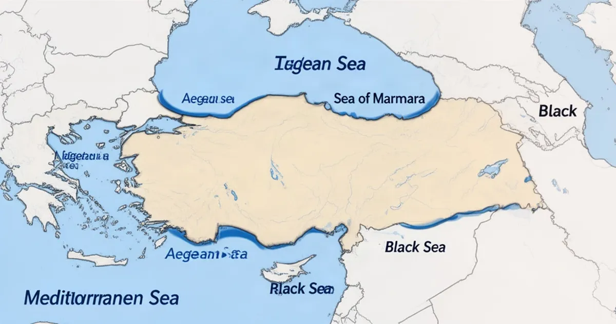 Mapa Turcji z zaznaczonymi czterema morzami: Śródziemnym, Egejskim, Marmara i Czarnym