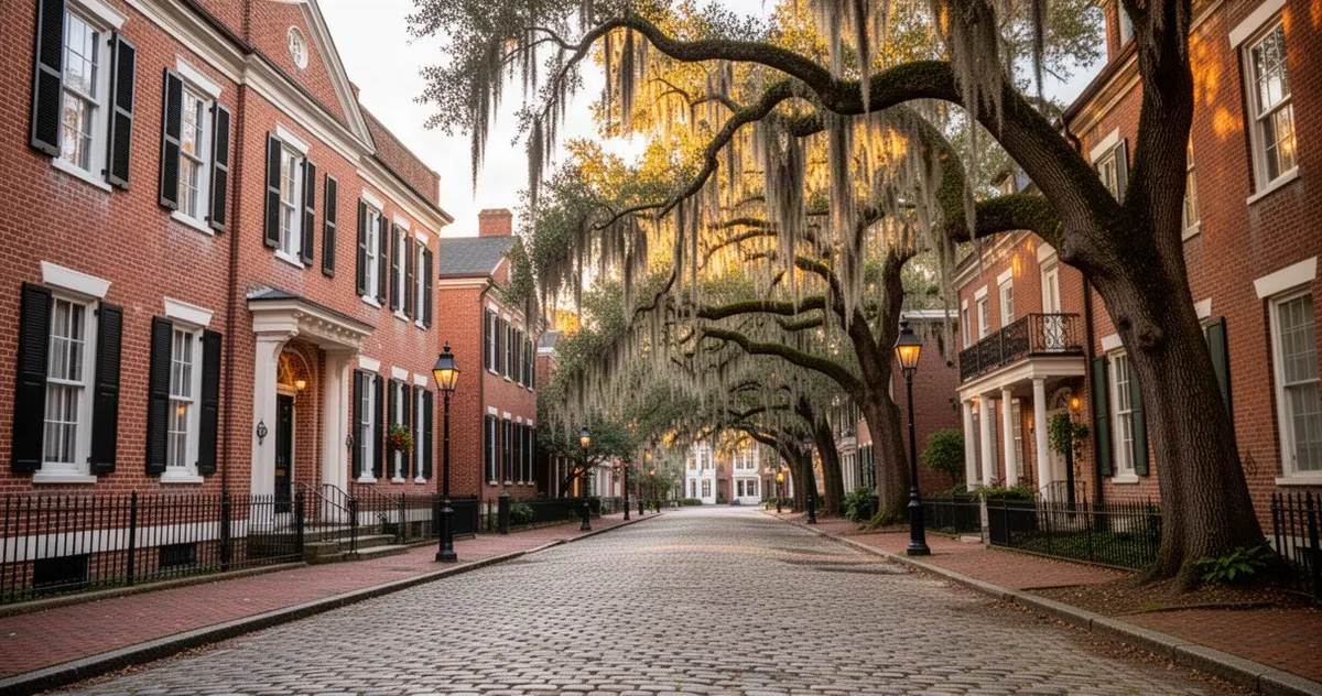 Zabytkowe ulice w Savannah Historic District z dębami porośniętymi mchem