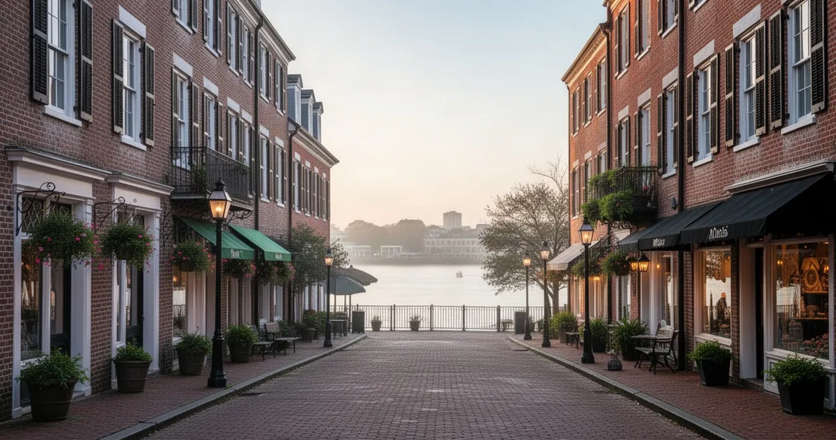 River Street w Savannah z widokiem na rzekę i zabytkowe budynki