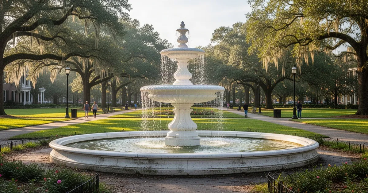 Forsyth Park z dużą fontanną w Savannah