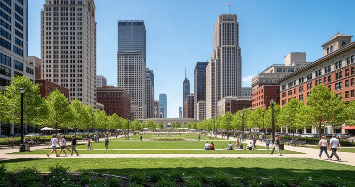 Campus Martius w centrum Detroit otoczony wieżowcami