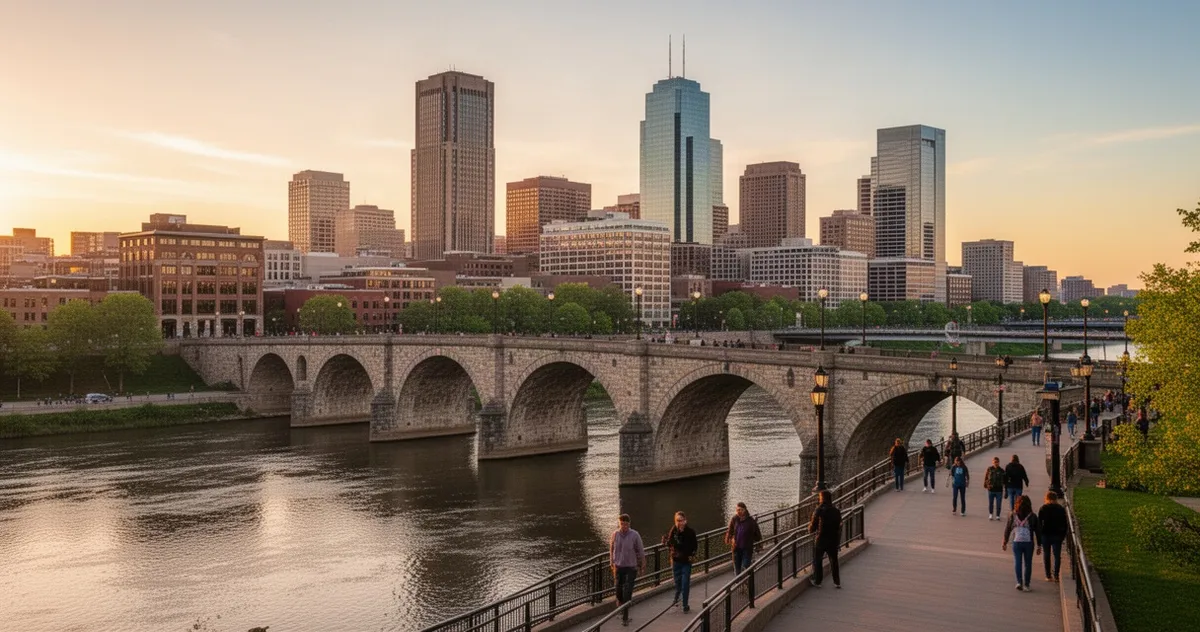 Stone Arch Bridge w Minneapolis o zachodzie słońca