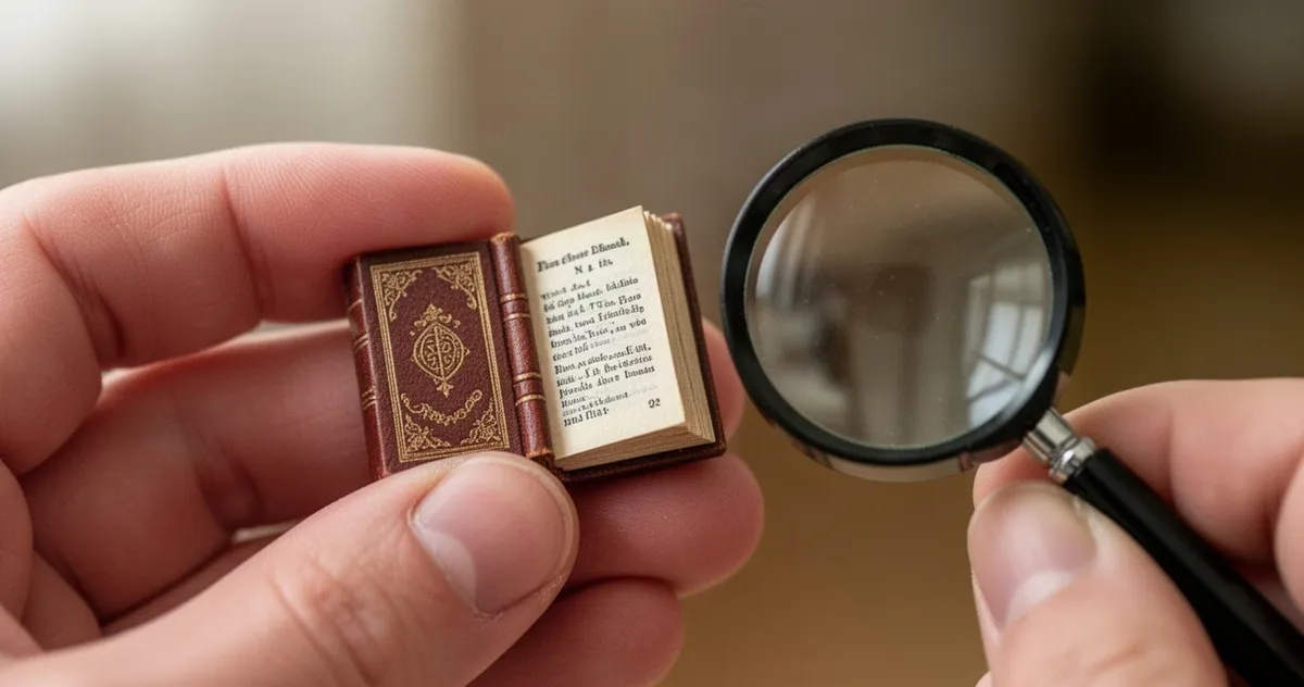 Miniaturowa książka trzymana w palcach, obok lupa