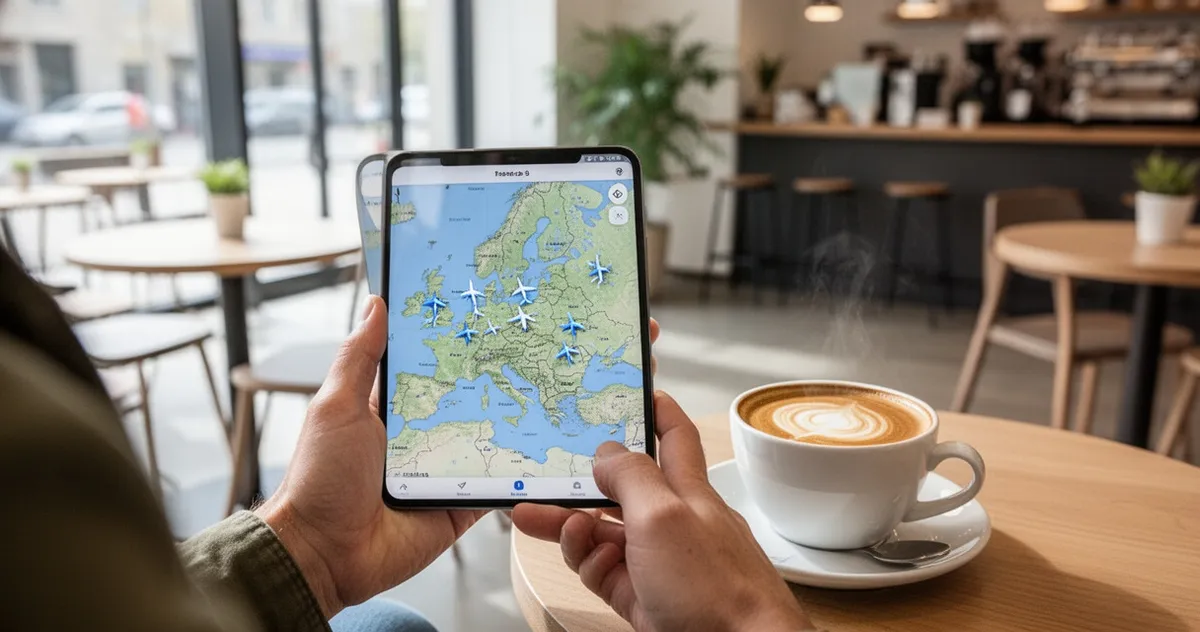 Osoba planująca podróż z telefonem i mapą Europy
