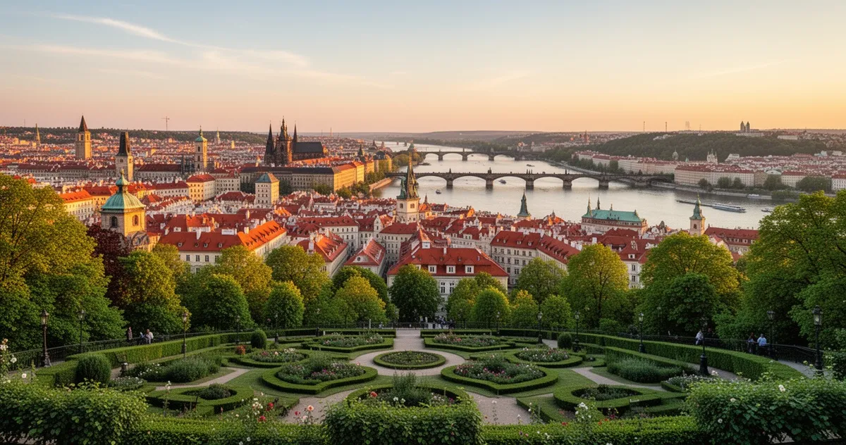 Panorama Pragi ze wzgórza Petřín o zachodzie słońca