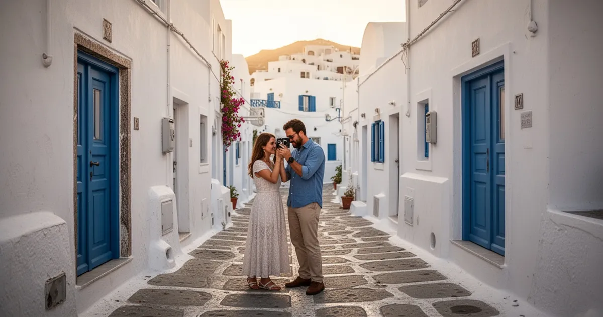 Para robiąca zdjęcia w wąskich uliczkach Megalochori na Santorini
