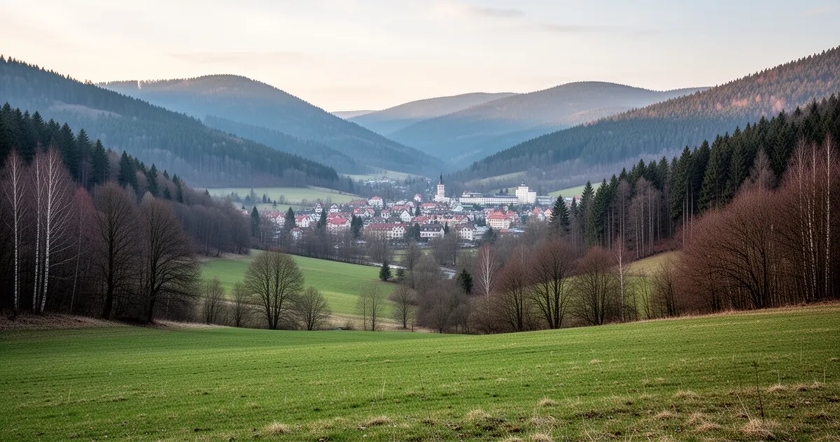 Spokojny widok na górską dolinę z małym uzdrowiskiem w oddali, poza szczytem sezonu