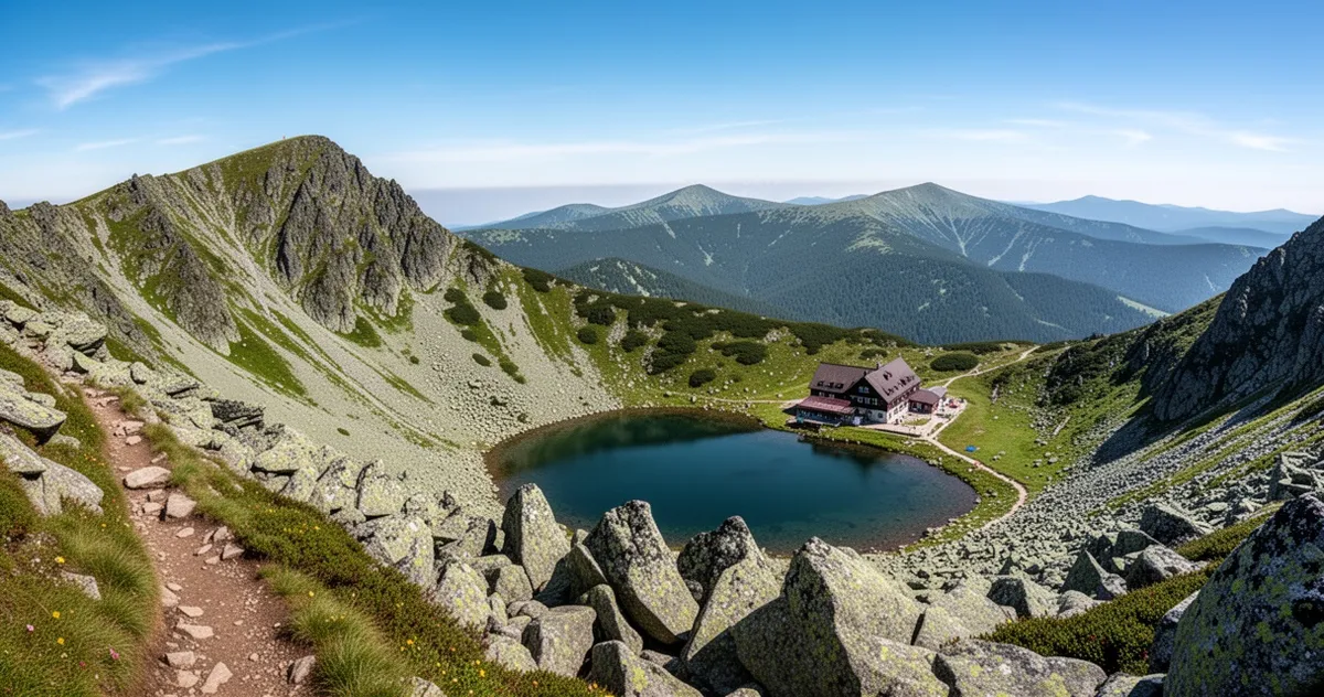 Panorama Kotła Małego Stawu i schroniska Samotnia w Karkonoszach