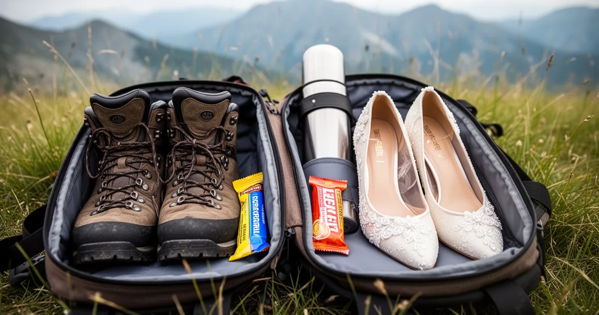 Plecak i buty trekkingowe obok eleganckich butów ślubnych