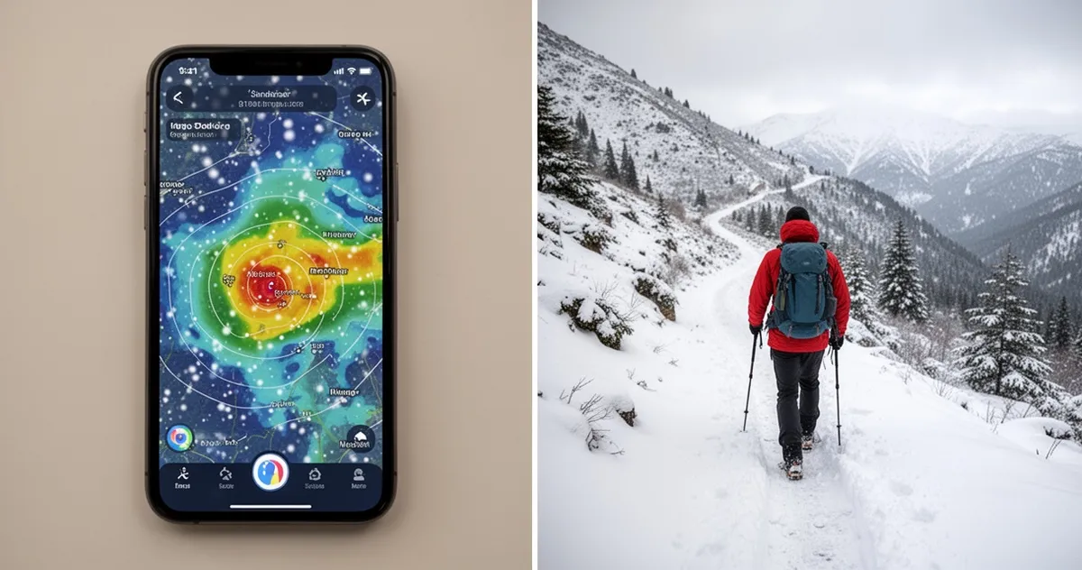 Telefon z radarem opadów śniegu obok zaśnieżonego szlaku górskiego