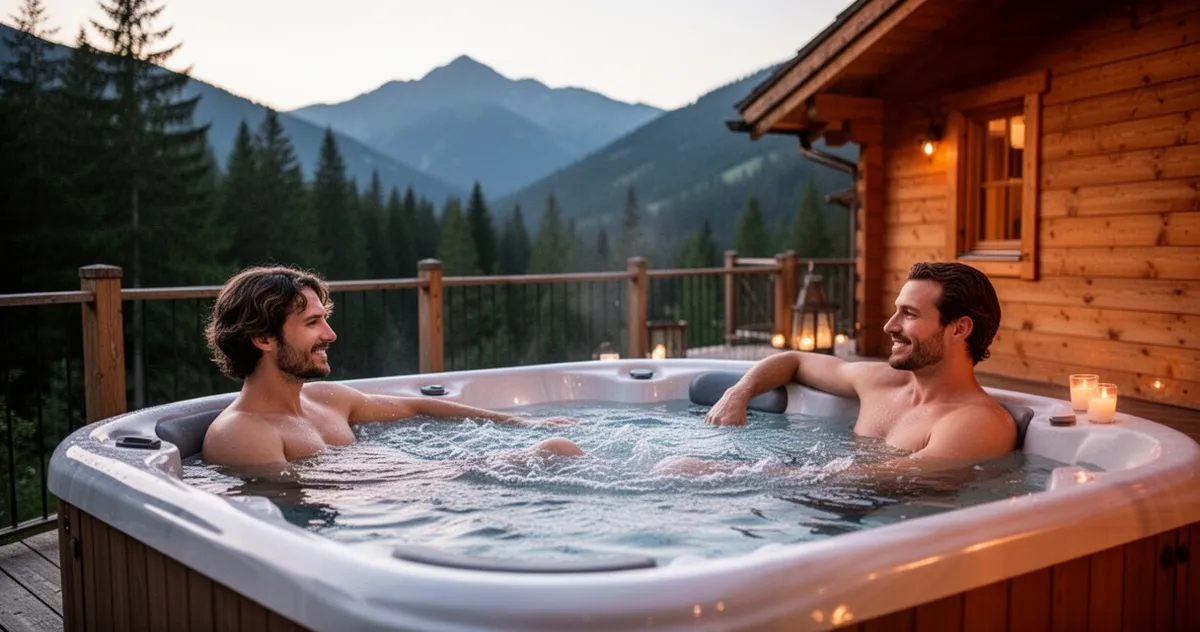 Para relaksująca się w prywatnym jacuzzi z widokiem na góry
