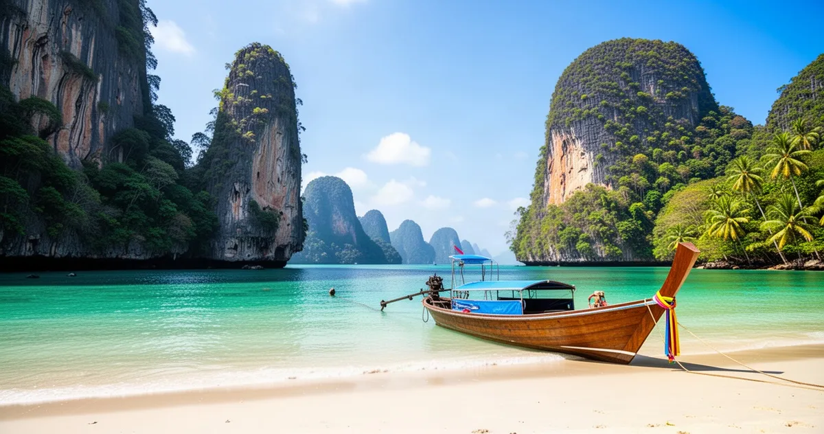Plaża w Krabi z klifami i łodzią longtail
