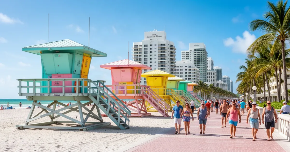 South Beach w Miami z wieżami ratowników i architekturą art deco