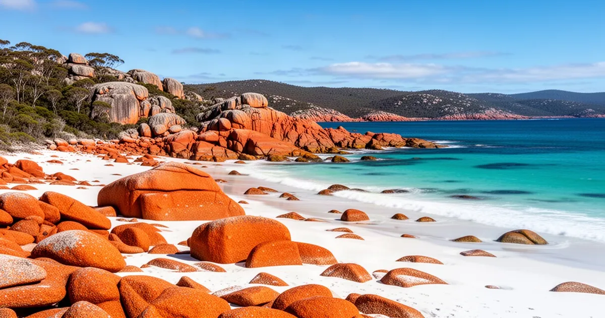 Bay of Fires w Tasmanii z czerwonymi skałami