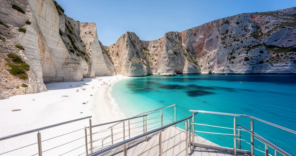 Navagio Beach z białym piaskiem i turkusową wodą otoczoną klifami